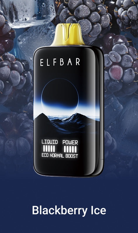Disposable vape device by ELFBAR, Blackberry Ice flavor design.