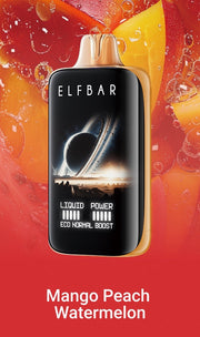 Disposable vape device by ELFBAR, Mango Peach Watermelon flavor design.