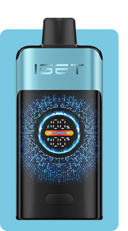 Pod device, light blue body with centered glowing display and small oval button