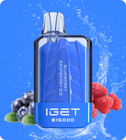 Blue vape device with raspberry label on front, IGET B15000