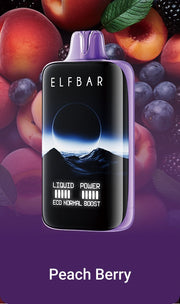 ELFBAR MoonNight 40k puffs vape in black with silver mouthpiece, Peach Berry flavor.