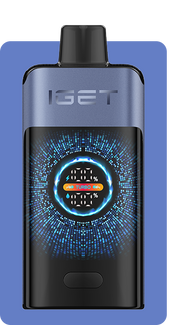 Pod device, steel blue body with front screen and circular glowing icon