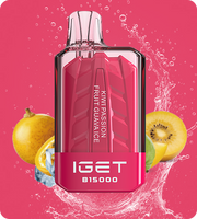IGET B15000 e-cig pod in magenta body, Kiwi Passion Fruit Guava Ice flavor with metallic top