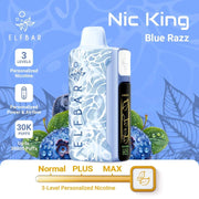 ElfBar Nic King 30000 disposable vape, Blue Razz variant with light blue textured body and black panel.