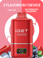 Red IGET two-flavor vape pod device with display window and raised top mouthpiece