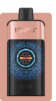 Pod device, peach-pink body with front display and glowing circular power icon
