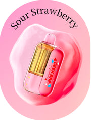 Geek Bar CLR 50k Puffs in Sour Strawberry, red and clear vape device with mouthpiece