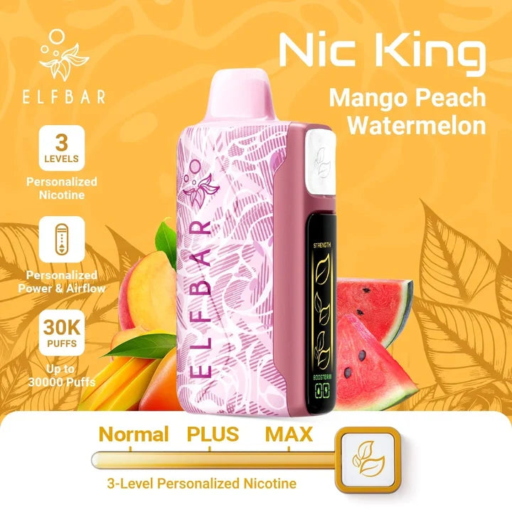 ElfBar Nic King 30000 disposable vape, Peach Ice variant with cream textured body and black panel.