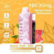 ElfBar Nic King 30000 disposable vape, Mango Peach Watermelon variant with pink textured body and black panel.