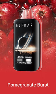ELFBAR MoonNight 40k puffs vape in black with silver mouthpiece, Pomegranate Burst flavor.