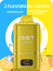 Gold IGET two-flavor vape pod device with display window and raised top mouthpiece
