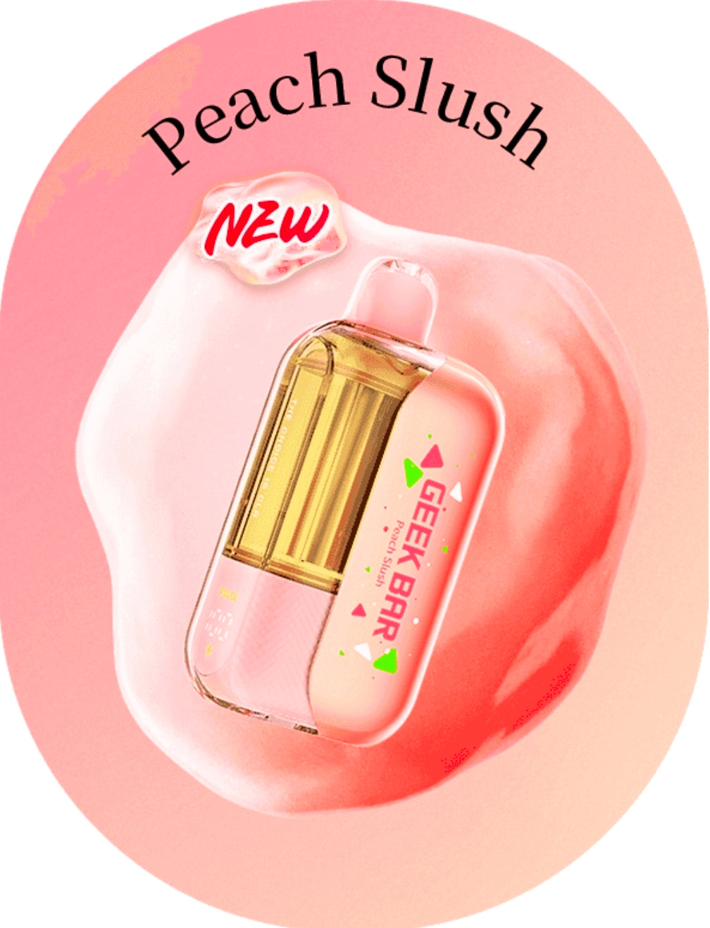 Geek Bar CLR 50k Puffs in Peach Slush, peach-pink and clear vape device with mouthpiece
