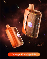 Orange disposable vape pod with dark mouthpiece, with a second orange pod shown