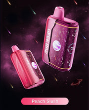 Peach-pink disposable vape pod with dark mouthpiece, with a second pink pod