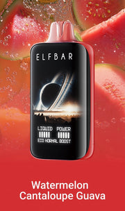 ELFBAR MoonNight 40k puffs vape in black with silver mouthpiece, Watermelon Cantaloupe Guava.