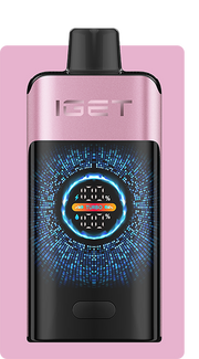 Pod device, pink body with front screen and glowing ring icon on display