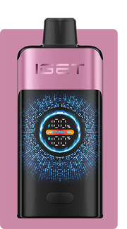 Pod device, rose-pink body with front display and circular glowing power indicator