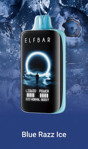Disposable vape device by ELFBAR, Blue Razz Ice flavor design.