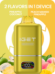 Gold IGET two-flavor vape pod device with display window and raised top mouthpiece