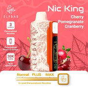 ElfBar Nic King 30000 disposable vape, Cherry Pomegranate Cranberry variant with orange textured body and black panel.