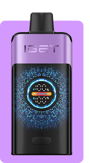 Pod device, purple body with front screen and glowing circular power indicator