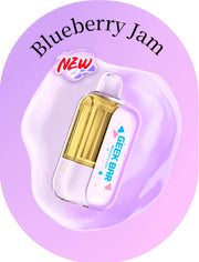 Geek Bar CLR 50k Puffs in Blueberry Jam, blue and clear vape device with drip tip