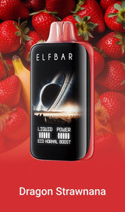 Disposable vape device by ELFBAR, Dragon Strawnana flavor design.