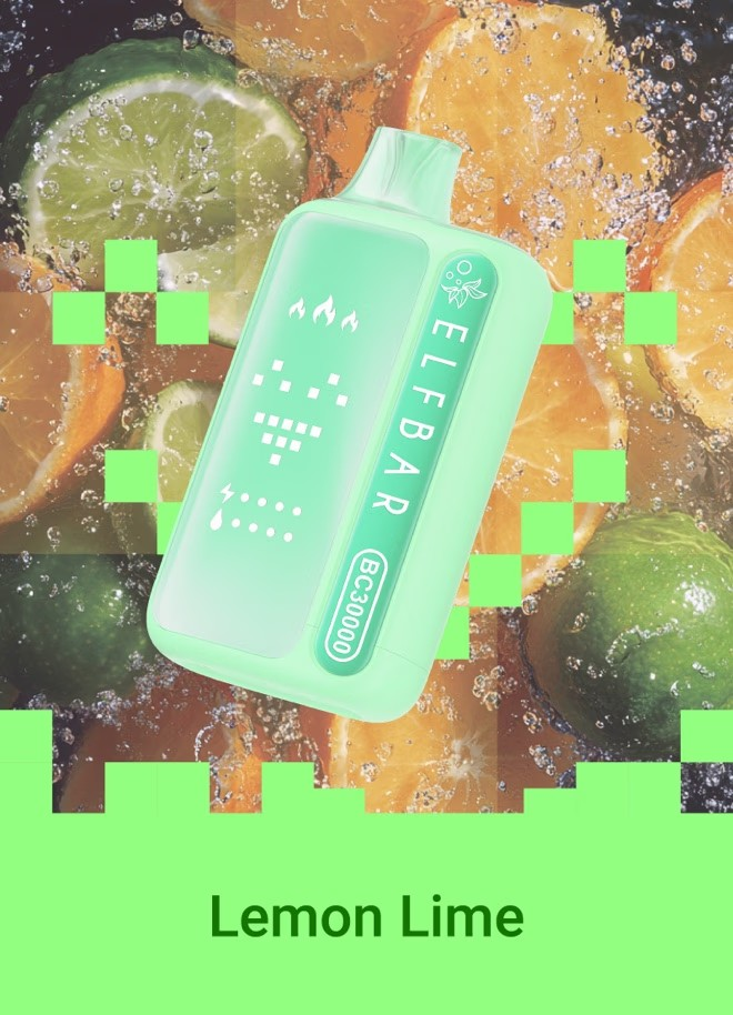 Light mint-green ELF BAR BC 30000 disposable vape, Lemon Lime flavor design.