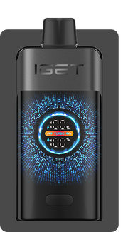 Pod device, dark gray body with round glowing display and small control button