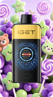 IGET Falcon 25000 puff vape device shown front-on with gold panel, black body, and blue LEDs
