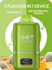 Olive green IGET two-flavor vape pod device with display window and raised top mouthpiece
