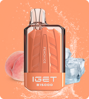IGET B15000 e-cig pod in orange body, Peach Ice flavor with metallic top