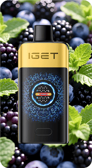IGET Falcon 25000 puff vape device with black sides, gold front, and blue glowing display