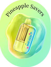 Geek Bar CLR 50k disposable vape; Pineapple Savers flavor, clear body with yellow window.