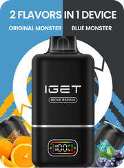 Black IGET two-flavor vape pod device with display window and raised top mouthpiece