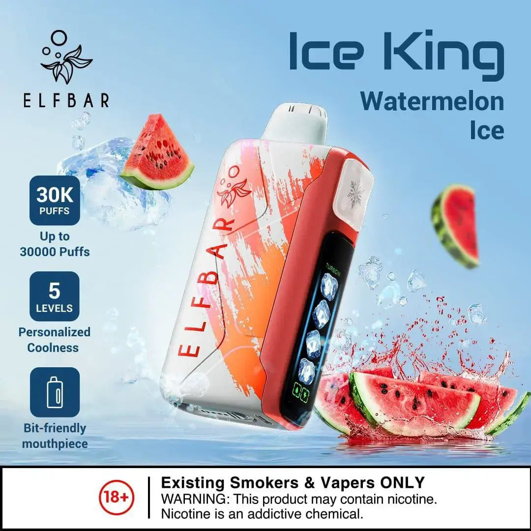 ELFBAR Ice King 30K vape device with dark mouthpiece and side LED display