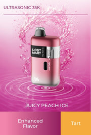 Ultrasonic 35K vape device in rose pink, juicy peach ice flavor, black mouthpiece