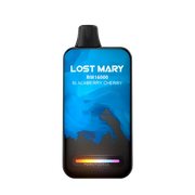 Disposable vape device with black mouthpiece and blue panel, Blackberry Cherry flavor