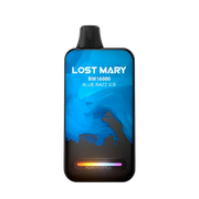 Disposable vape device with black mouthpiece and blue panel, Blue Razz Ice flavor