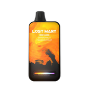 Lost Mary BM16000 disposable vape in grapefruit passion fruit flavor, black mouthpiece, orange LED.