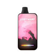 Lost Mary BM16000 disposable vape in peach mango watermelon flavor, black mouthpiece, pink LED.