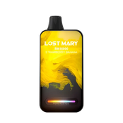 Lost Mary BM16000 disposable vape in strawberry banana flavor, black mouthpiece, yellow LED.