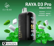 Elfbar Raya D3 Pro vape device, black, Miami Mint flavor with mint leaves