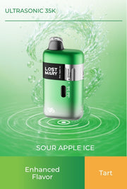 Ultrasonic 35K vape device in green, sour apple ice flavor, black mouthpiece
