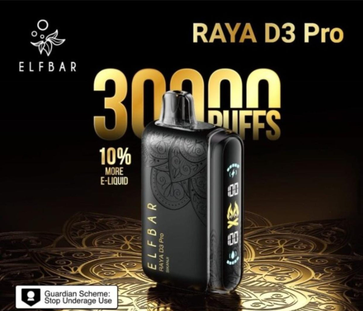 Elfbar Raya D3 Pro vape device, black body with LED flavor display