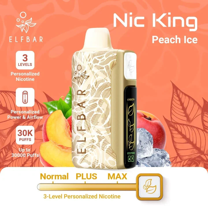 ElfBar Nic King 30000 disposable vape, Peach Ice variant with cream textured body and black panel.