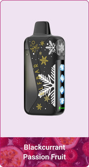 Black disposable vape device with Ice King graphic and flavor “Blackcurrant Passion Fruit”