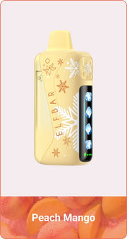 Yellow disposable vape device with Ice King graphic and flavor “Peach Mango”