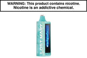 Light teal disposable vape device with top mouthpiece and side display window