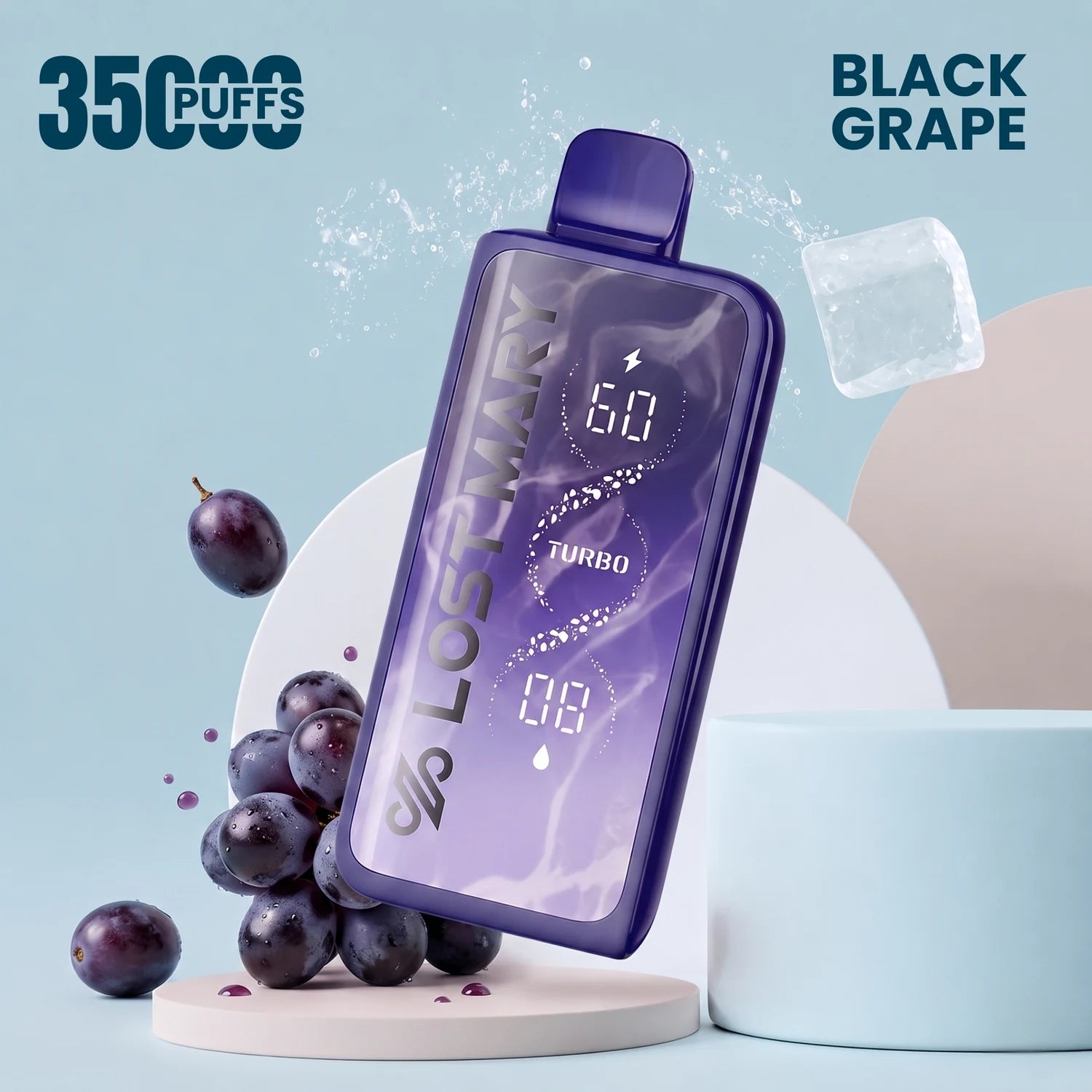 Lost Mary MT35000 Turbo disposable vape in purple, Black Grape flavor, with ice.